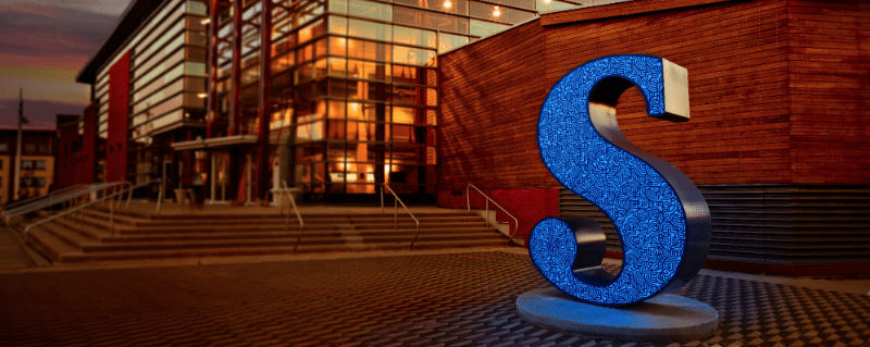 Sheridan "S" statue in front of the SCAET building at Trafalgar Campus