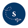 Arrive Well icon. Sheridan S with a plane flying around it. Dark blue background.