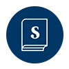 Learn Well icon. Sheridan S on the cover of a book. Dark blue background.