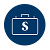 Work Well icon. Sheridan S on a briefcase. Dark blue background.