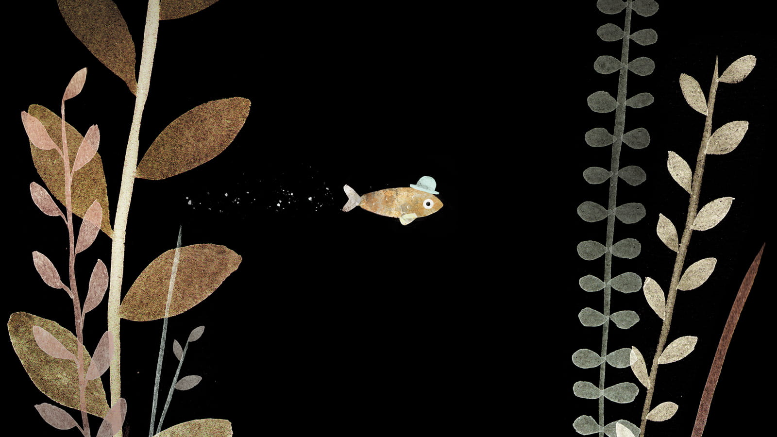 Image from Jon Klassen's book This is Not my Hat showing a fish on a black background