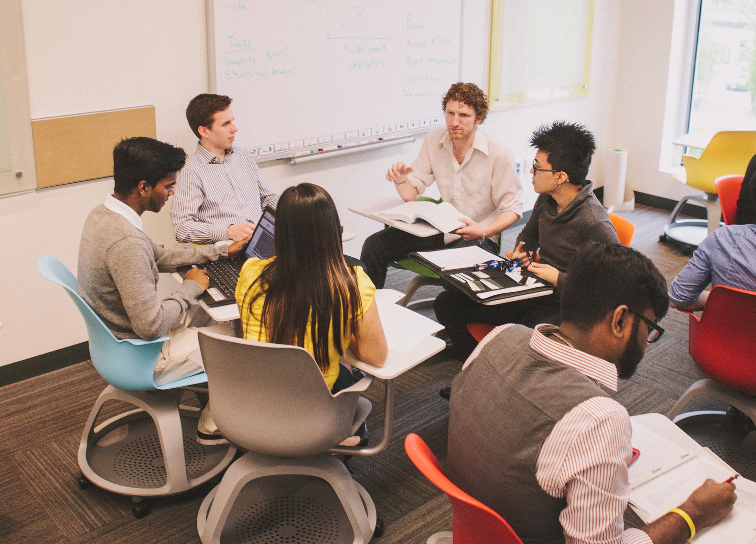 Business students working around tables in a classroom