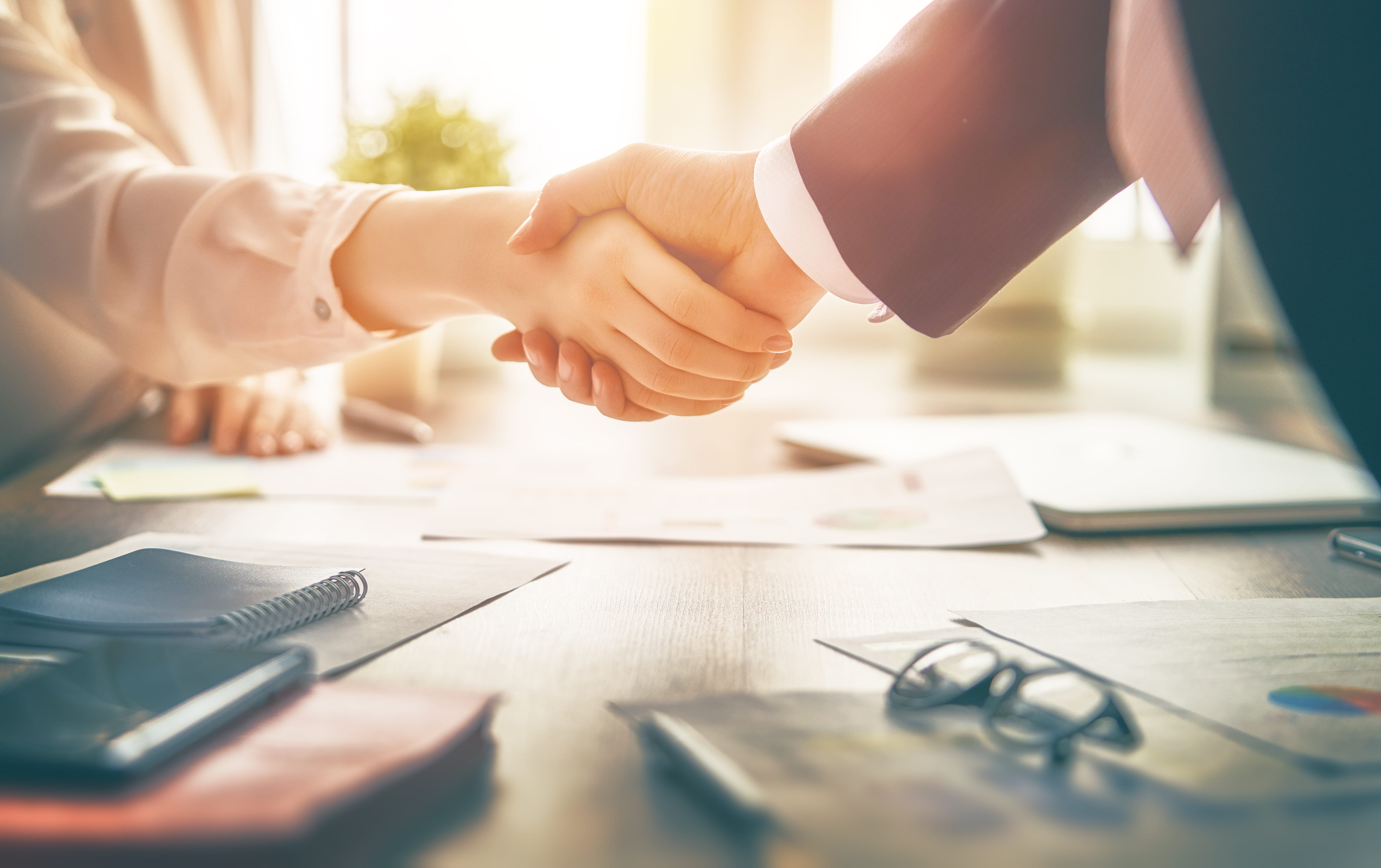 two people shake hands in an office environment