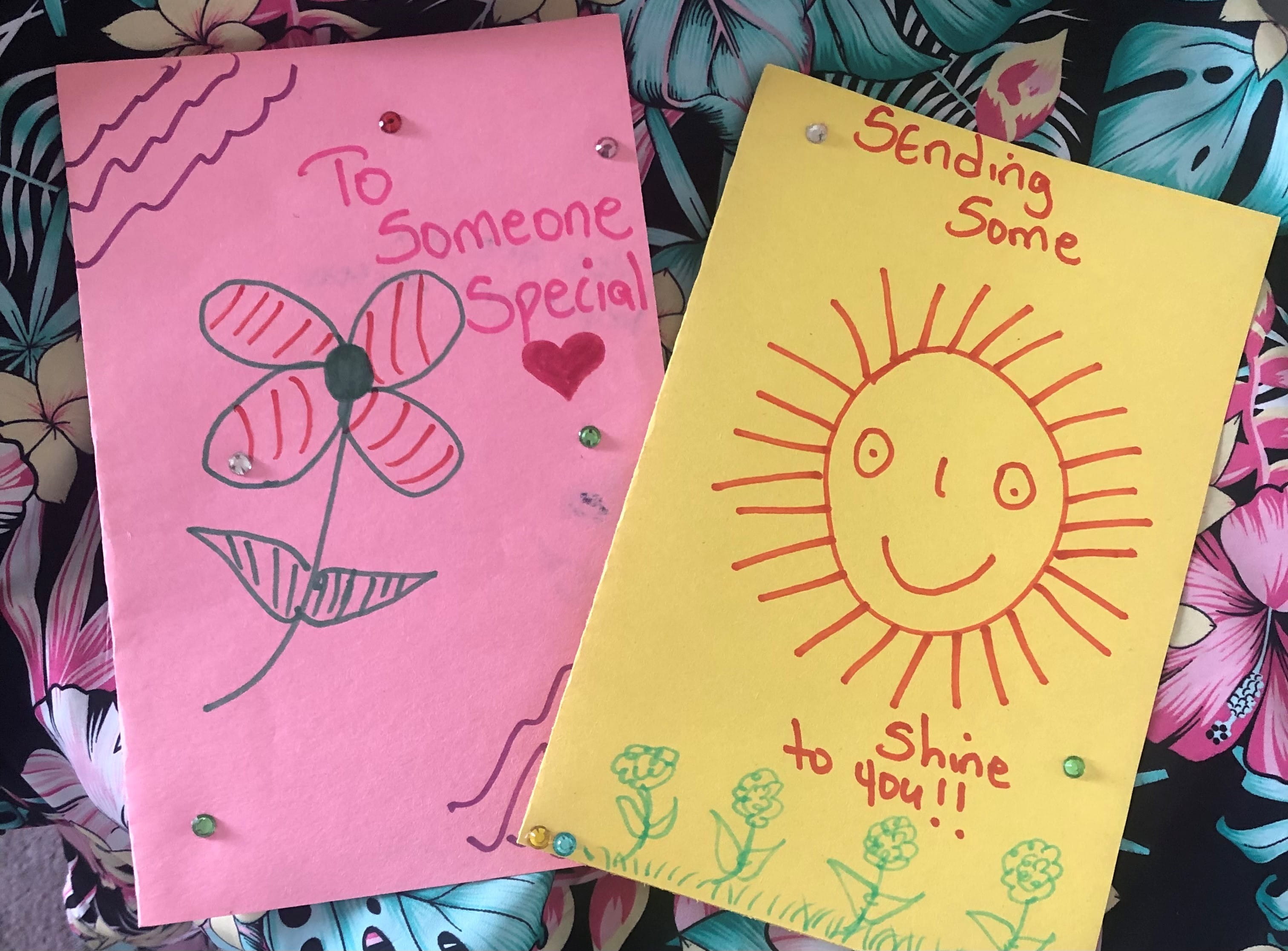Two of Krishna Joseph's cards for isolated older adults