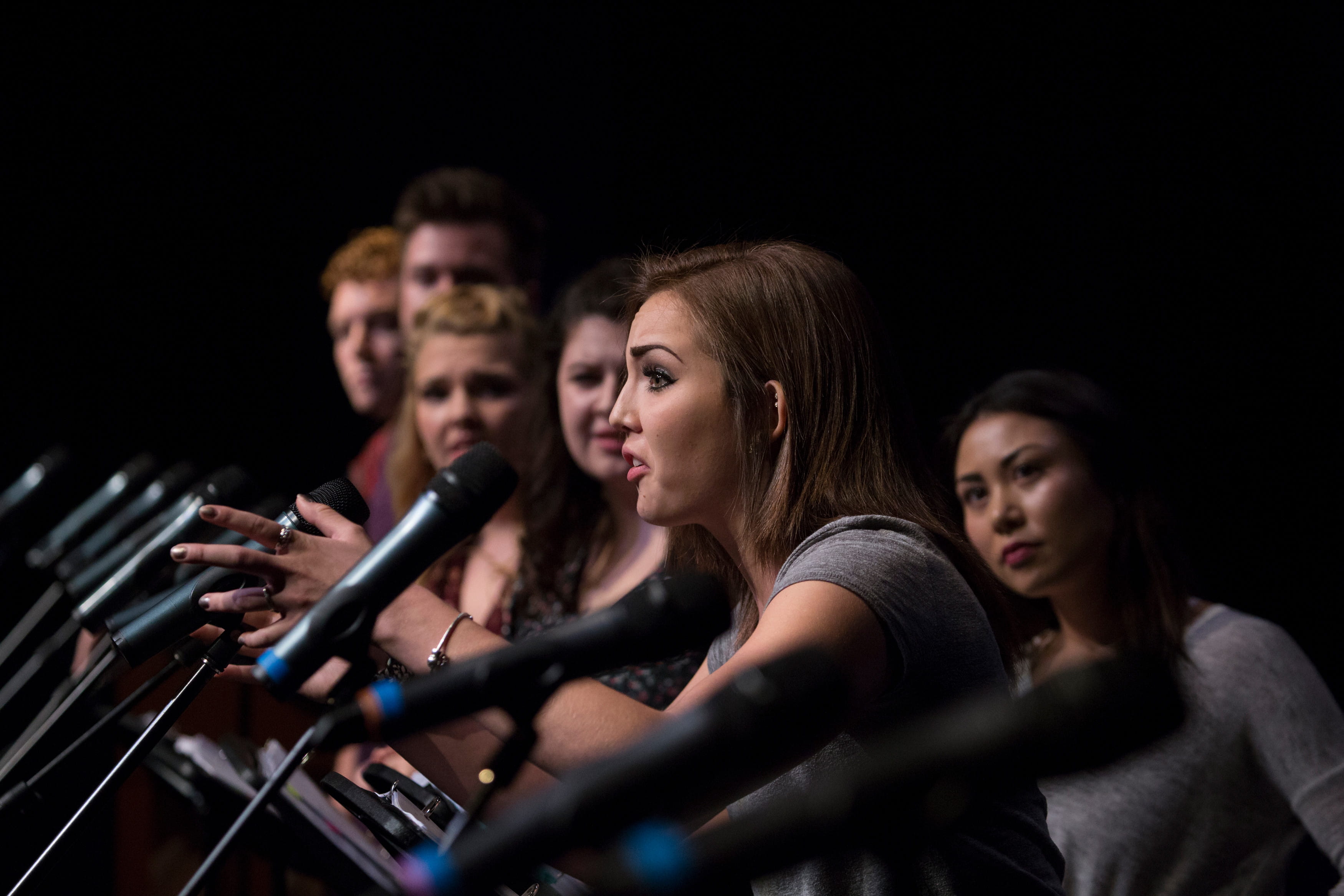 Students performing in front of microphones at the Sheridan CMTP Festival of New Musicals