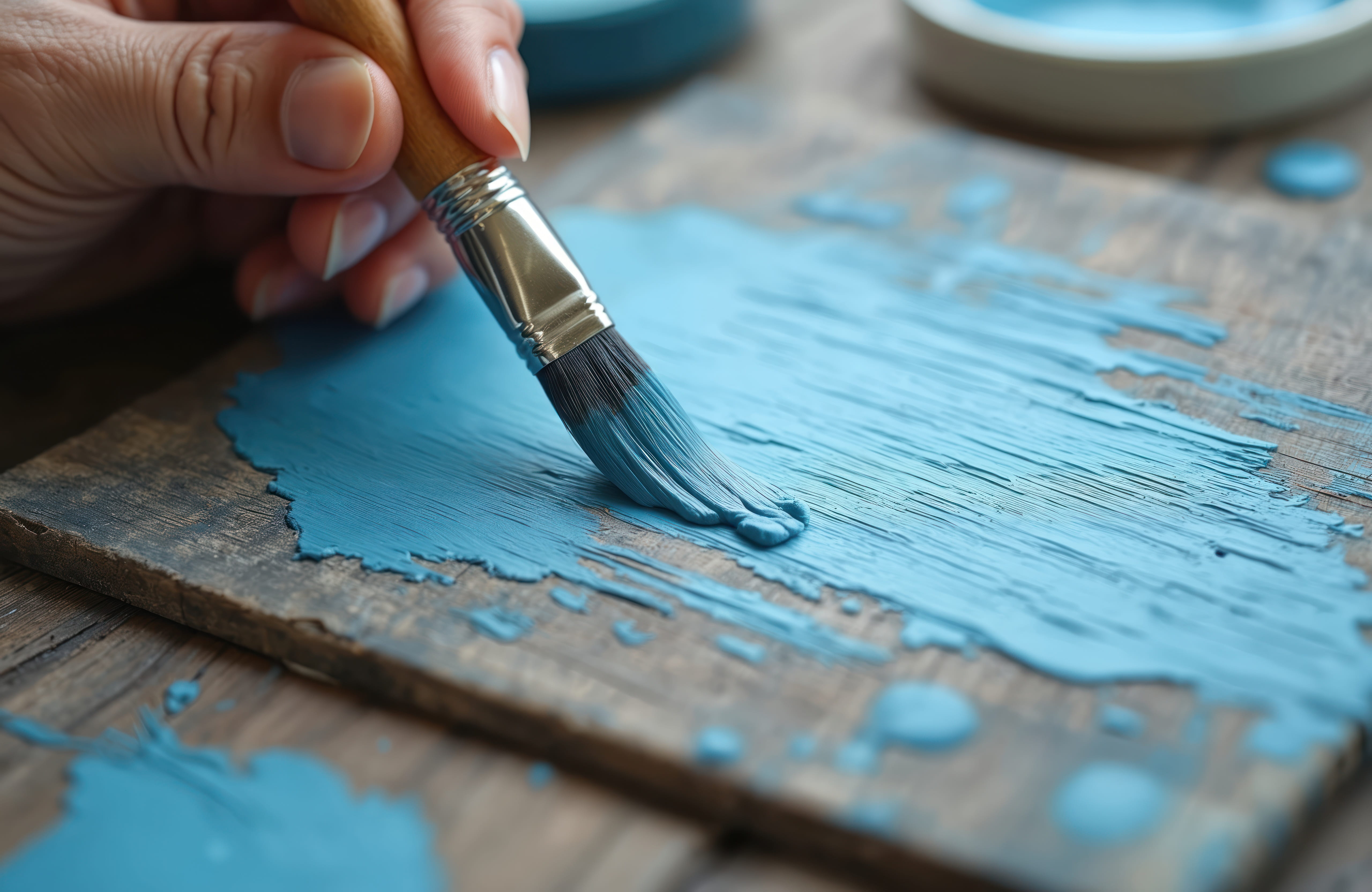 A hand holds a paint brush and spreads blue paint on a piece of wood