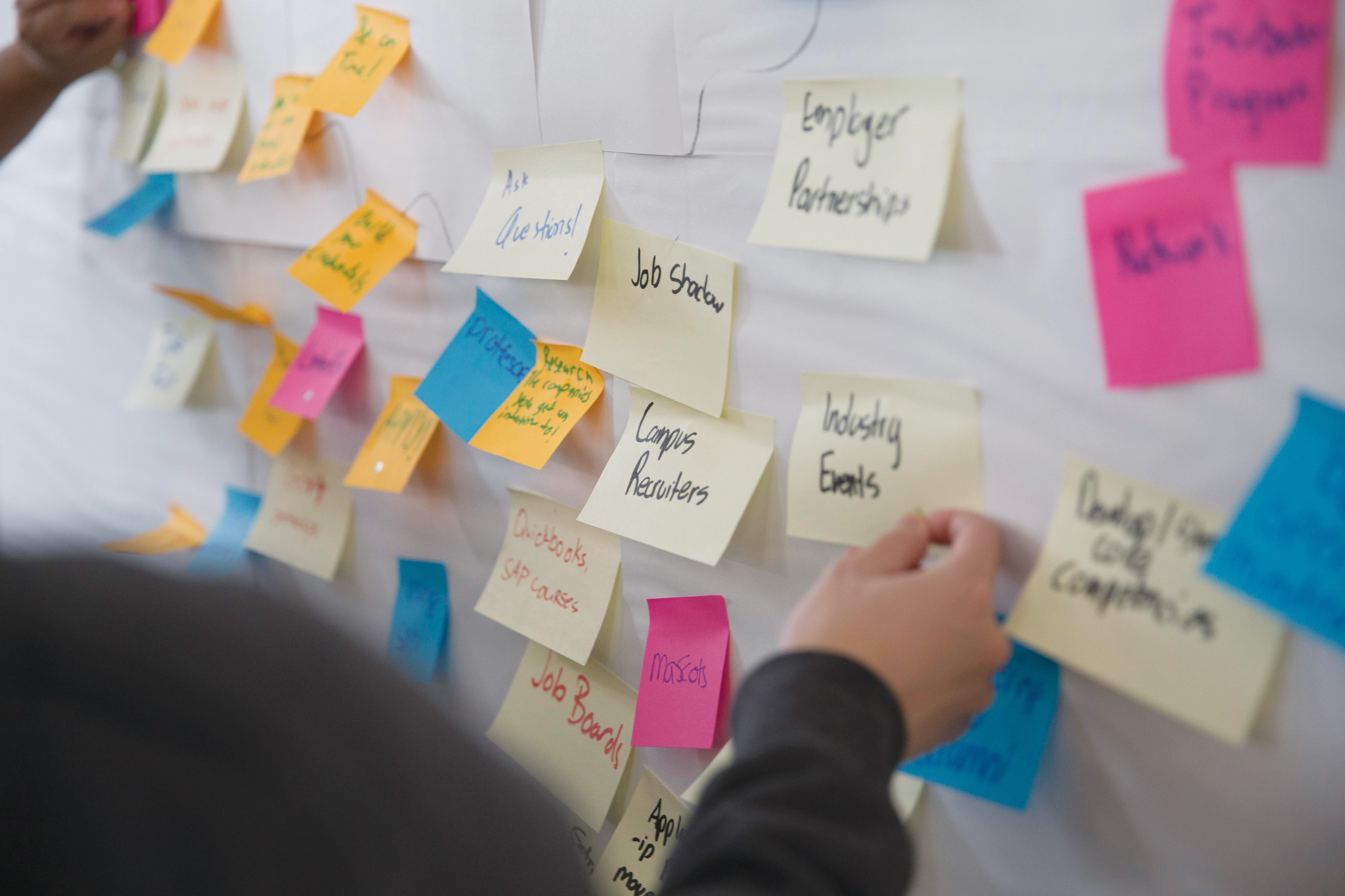 Person posting a sticky note on a white wall
