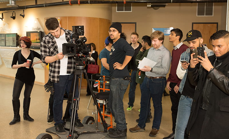 Sheridan Production House crew filming the AWAKE Chocolates commercial at Trafalgar Campus