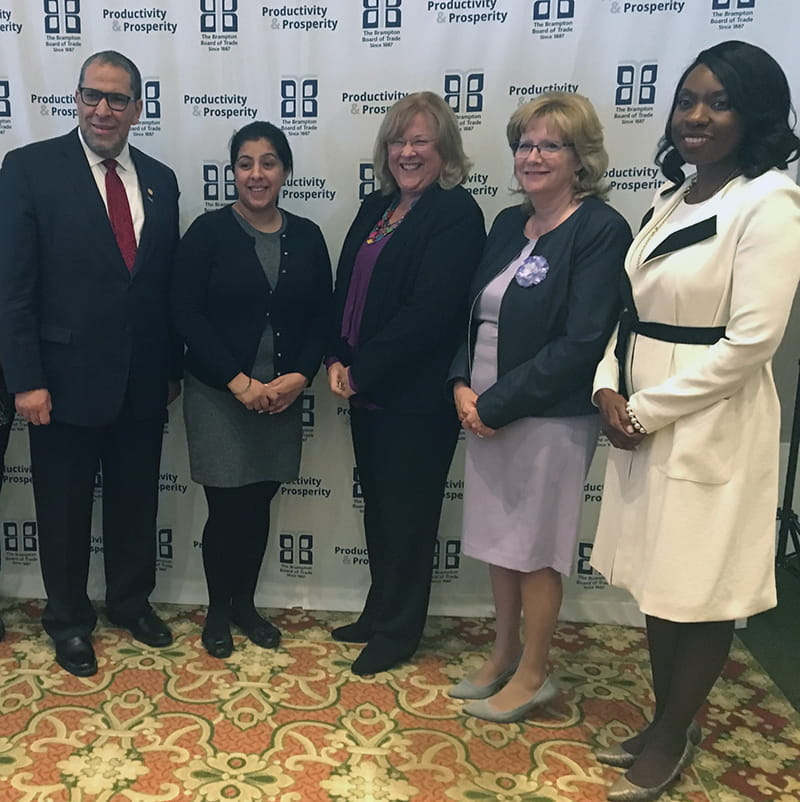 (Left to right): Dr. Mohamed Lachemi, President, Ryerson University, The Hon. Harinder Malhi, Minister of the Status of Women, Dr. Mary Preece, President and Vice Chancellor, Sheridan, Linda Jeffrey, Mayor, City of Brampton, The Hon. Mitzie Hunter, Minister of Advanced Education and Skills Development 