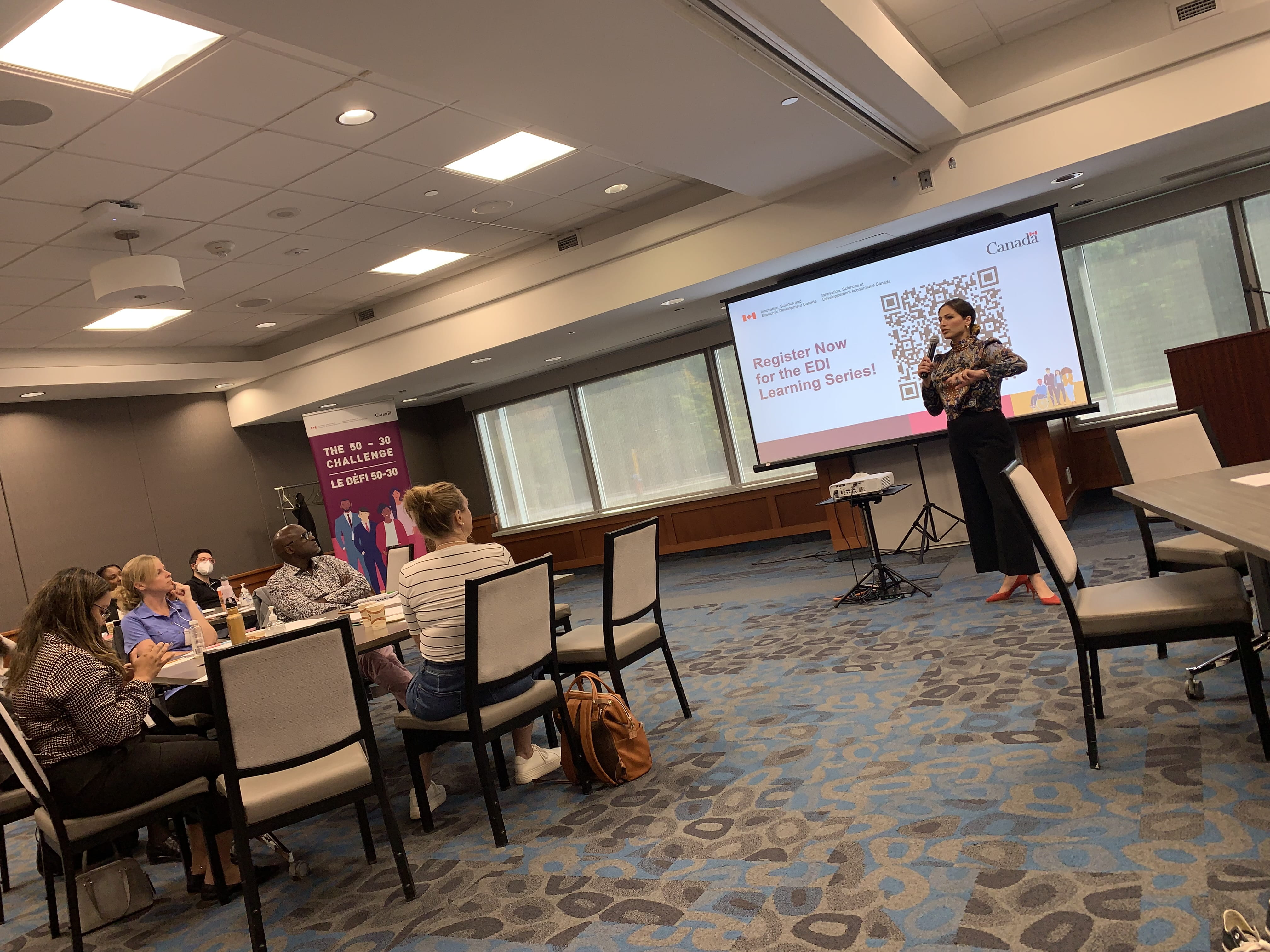 Sabreena Ghaffar-Siddiqui, Senior Advisor of CiCan's EDI Knowledge Mobilization and Dissemination Centre at Sheridan College speaks during the 'Strengthen Your EDI - Core Course Day' event at Sheridan Conference Centre.