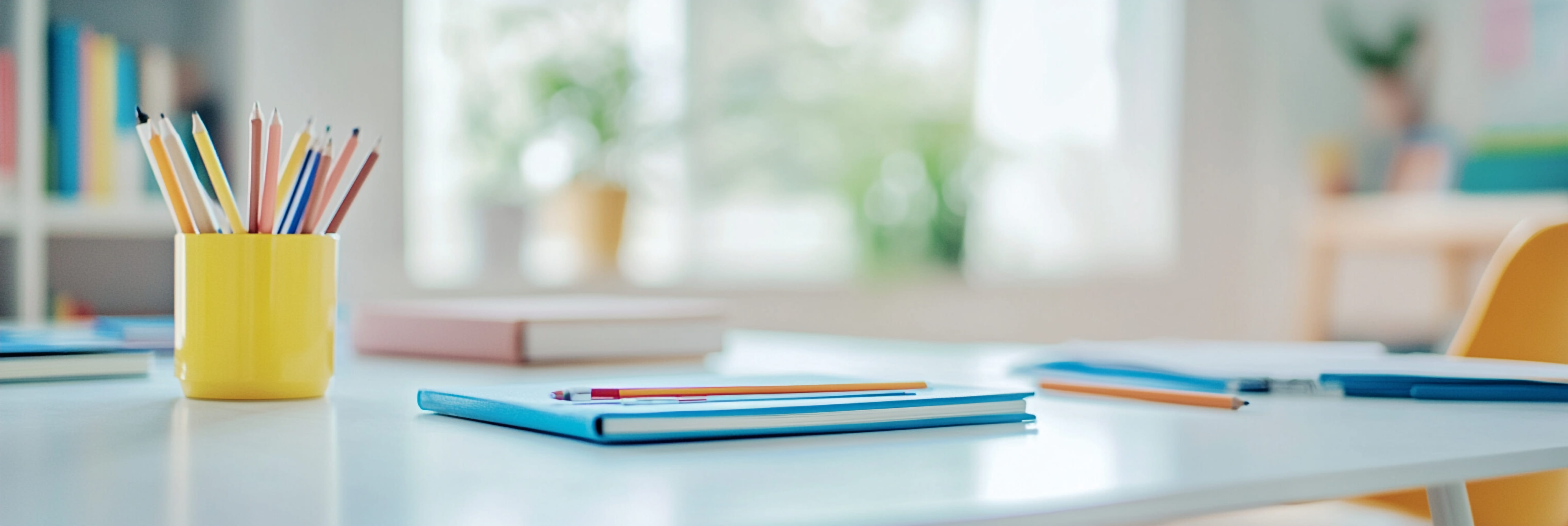 Bright and airy workspace with colorful stationery: yellow pencil holder, blue notebook, and pencils on a white desk.