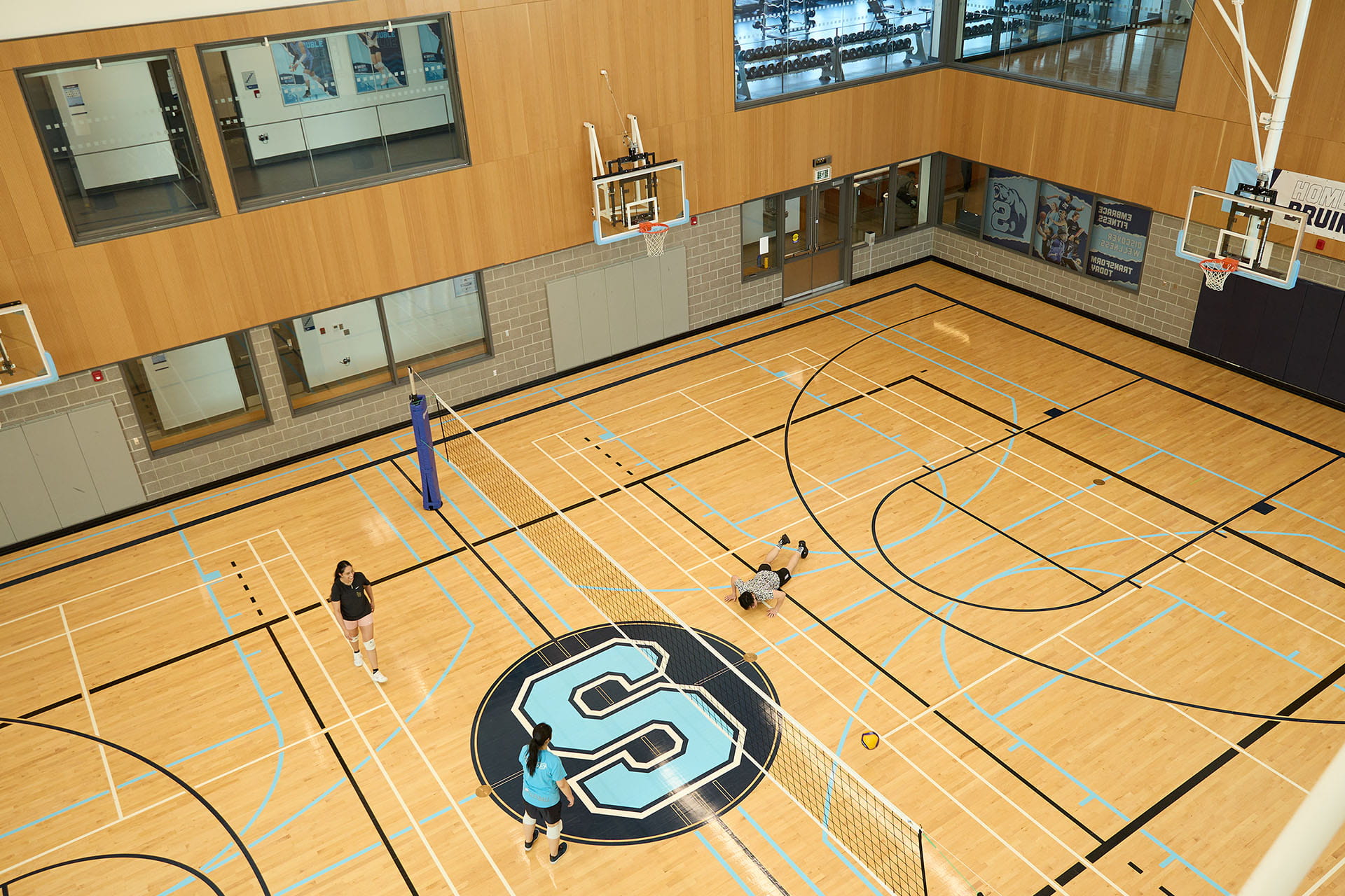 Basketball court with Sheridan 'S' in the centre of the floor